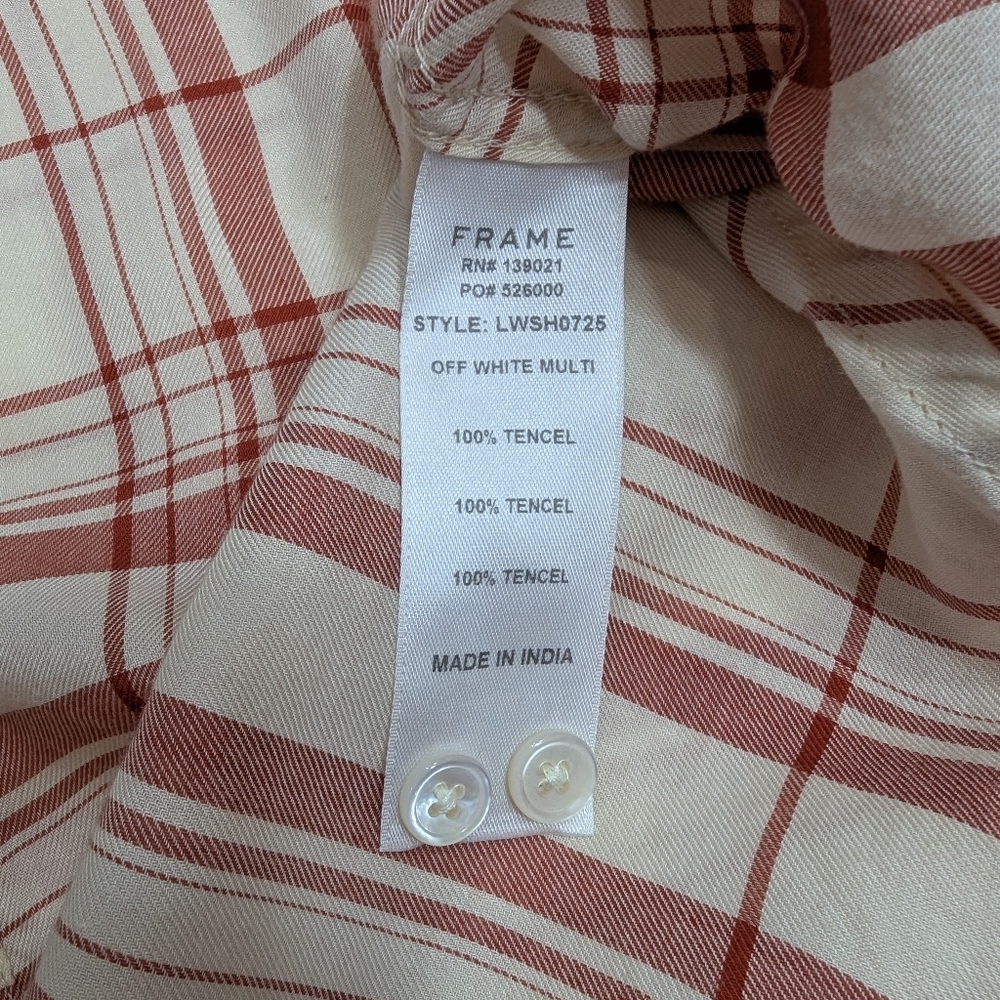 FRAME Plaid Ruffle Button‑Down Shirt Red/Cream Size M - Picture 8 of 10